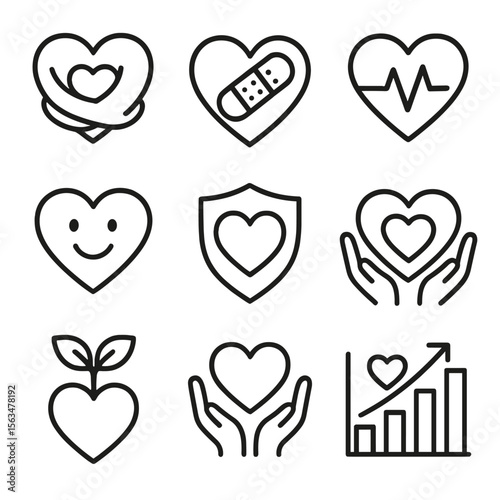 Emotional Wellness Icons. Line style icons of Emotional Wellness Symbols: hugging heart, healing bandage heart, heart pulse icon,