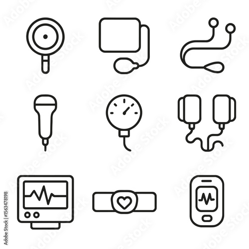 Cardiology Clinic Icons. Line style icons of Cardiology Clinic Devices: stethoscope chest piece, sphygmomanometer cuff, ECG lead