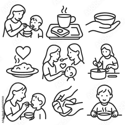 Nurturing Meal Icons. Outline style icons of Motherly and Nurturing Meals: mother feeding child, tray with tea and toast, caring