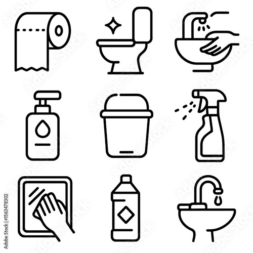 Bathroom Hygiene Icons. Outline style icons of Bathroom Hygiene: toilet paper roll, toilet with clean sparkle, hand wash station,