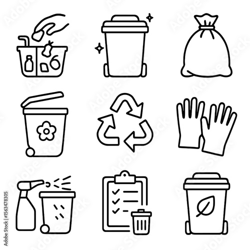 Waste Iconography Essentials. Outline style icons of Waste Disposal Hygiene: sorting trash, clean bin with lid, sealed garbage bag