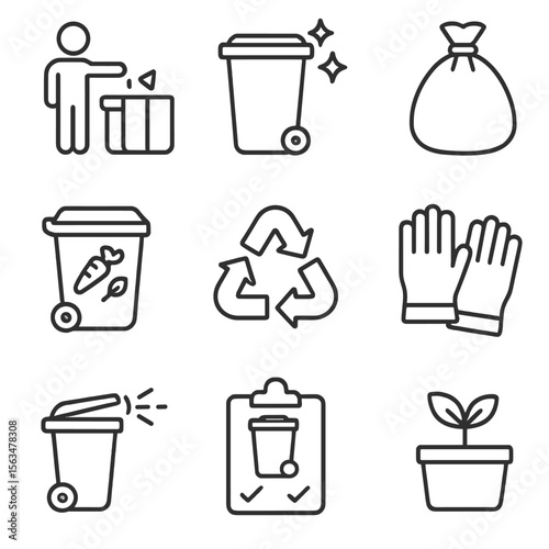 Waste Iconography Essentials. Outline style icons of Waste Disposal Hygiene: sorting trash, clean bin with lid, sealed garbage bag