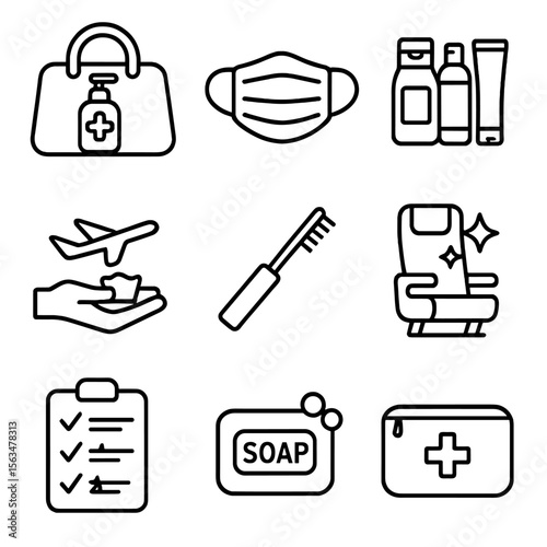 Travel Hygiene Icons. Outline style icons of Travel and Hygiene: sanitizer in bag, face mask, travel-size toiletries, airplane