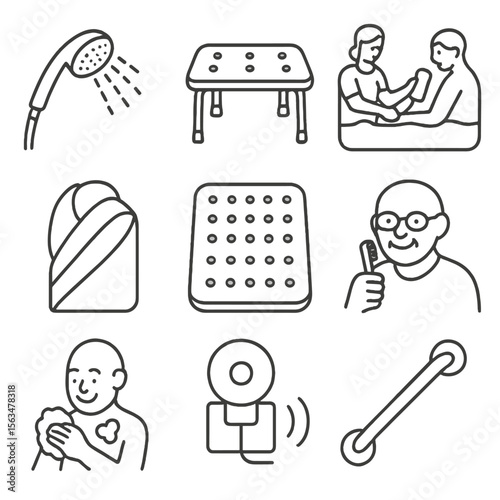 Elderly Care Icons. Outline style icons of Elderly Hygiene Support: hand-held shower icon, bath bench, hygiene helper icon, grab