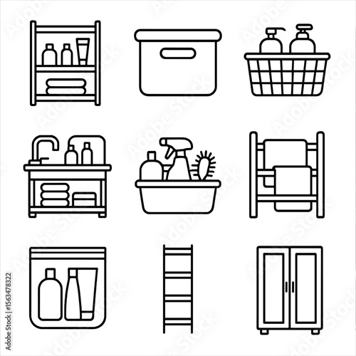 Hygiene Supplies Icons. Outline style icons of Hygiene Supplies Storage: labeled shelf, closed storage bin, basket with hygiene