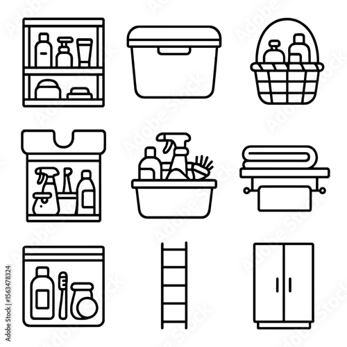 Hygiene Supplies Icons. Outline style icons of Hygiene Supplies Storage: labeled shelf, closed storage bin, basket with hygiene
