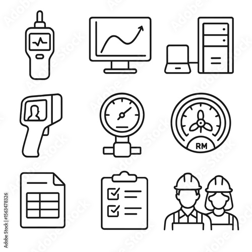Turbine Testing Icons. Outline style icons of Turbine Testing and Monitoring: vibration meter, performance graph, data logging