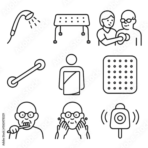 Elderly Care Icons. Outline style icons of Elderly Hygiene Support: hand-held shower icon, bath bench, hygiene helper icon, grab