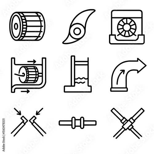 Crossflow Turbine Icons. Outline style icons of Crossflow Turbine: double-flow rotor, curved blades, enclosed housing, horizontal