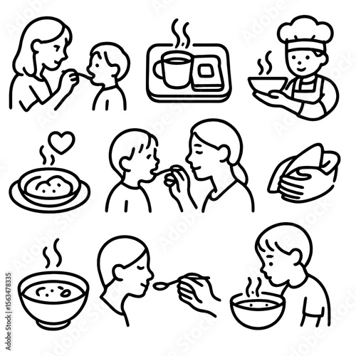 Nurturing Meal Icons. Outline style icons of Motherly and Nurturing Meals: mother feeding child, tray with tea and toast, caring
