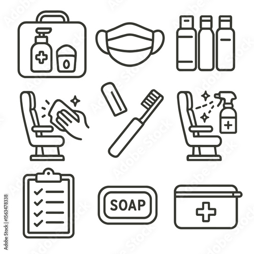 Travel Hygiene Icons. Outline style icons of Travel and Hygiene: sanitizer in bag, face mask, travel-size toiletries, airplane