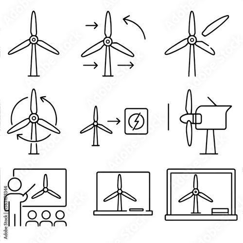 Educational Turbine Icons. Outline style icons of Educational Turbine Diagrams: labeled rotor icon, flow direction arrows, part