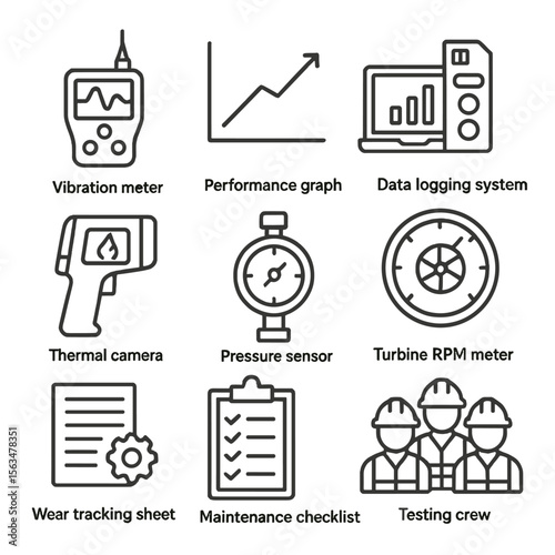 Turbine Testing Icons. Outline style icons of Turbine Testing and Monitoring: vibration meter, performance graph, data logging