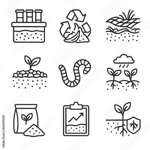 Soil Protection Icons. Outline style icons of Soil Protection: soil test kit, composting symbol, erosion control mat, mulching