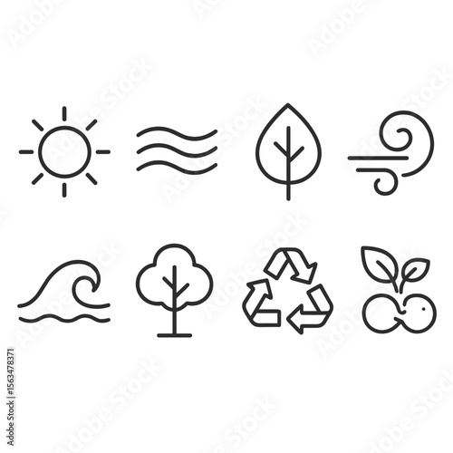Renewable Energy Icons. Outline style icons of Renewable Resource Symbols: sunlight icon, flowing river, biomass leaf icon, wind