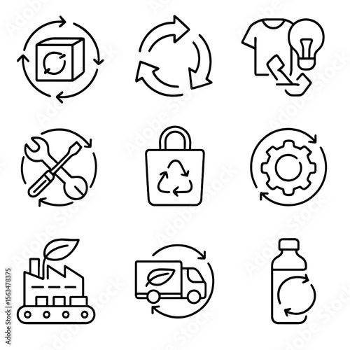 Circular Economy Icons. Outline style icons of Circular Economy: product lifecycle arrow, recycling process chart, repurposed