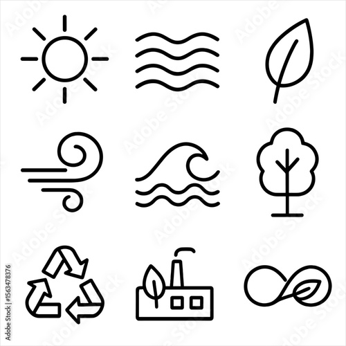 Renewable Energy Icons. Outline style icons of Renewable Resource Symbols: sunlight icon, flowing river, biomass leaf icon, wind