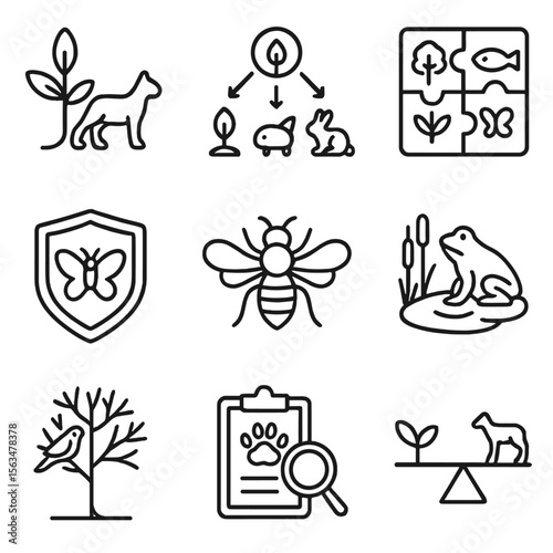 Biodiversity Icon Set. Outline style icons of Biodiversity and Species Balance: plant and animal icon, food web symbol, ecosystem