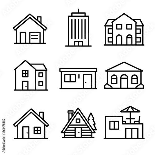 Outline Residential Icons. Outline style icons of Residential Buildings: single-family home, duplex unit, apartment tower,