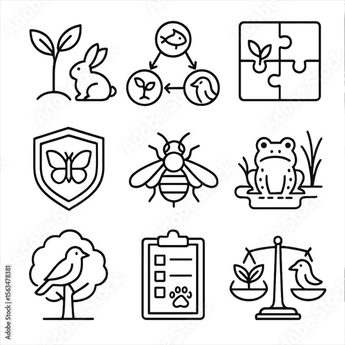 Biodiversity Icon Set. Outline style icons of Biodiversity and Species Balance: plant and animal icon, food web symbol, ecosystem