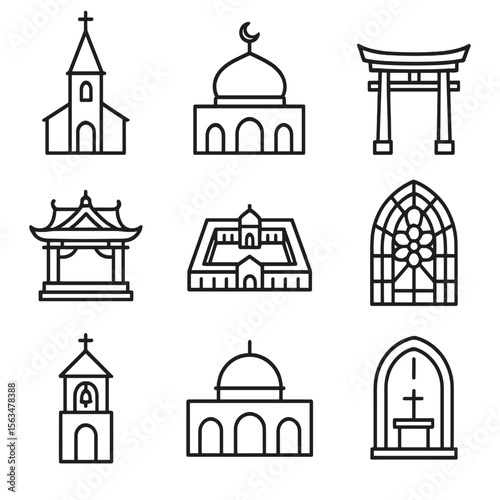 Religious Architecture Icons. Outline style icons of Religious Architecture: church steeple, mosque dome, temple gate, shrine roof