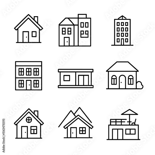 Outline Residential Icons. Outline style icons of Residential Buildings: single-family home, duplex unit, apartment tower,