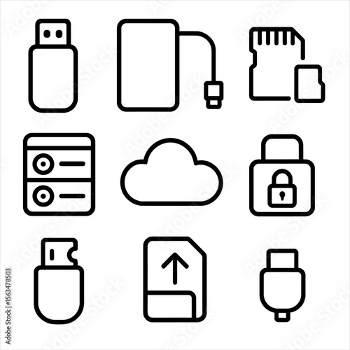 Digital Storage Icons. Outline style icons of Digital Storage Devices: USB flash drive, external SSD, SD card, microSD chip, cloud