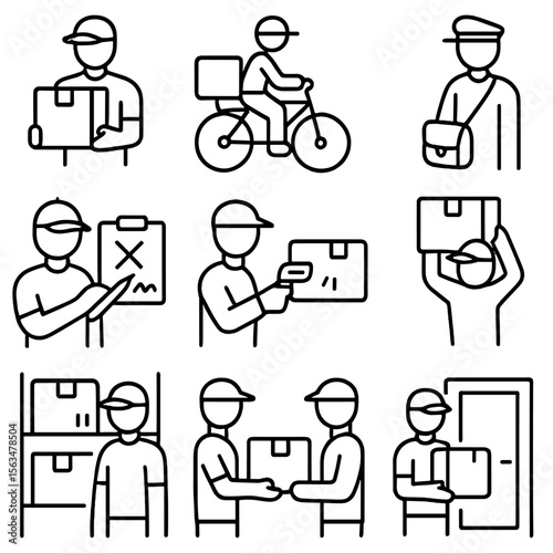 Delivery Worker Icons. Outline style icons of Delivery Workers: courier with box, delivery on bike, postal worker with satchel,