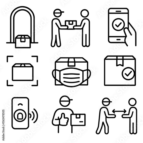 Contactless Delivery Icons. Outline style icons of Contactless Delivery: parcel at door, no-contact handoff, mobile confirmation,