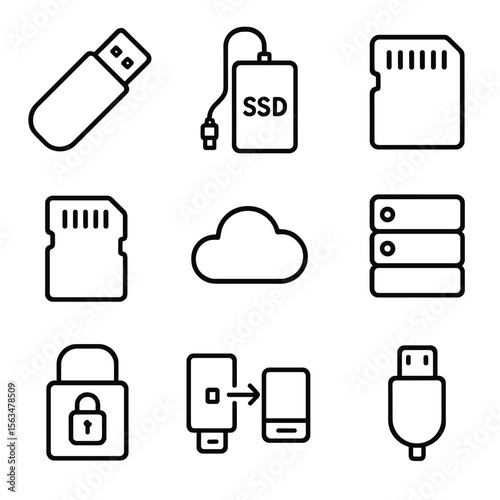 Digital Storage Icons. Outline style icons of Digital Storage Devices: USB flash drive, external SSD, SD card, microSD chip, cloud