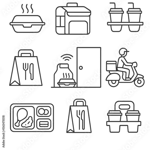 Outline Food Delivery Icons. Outline style icons of Food Delivery: hot food box, thermal bag, drink holder tray, restaurant order