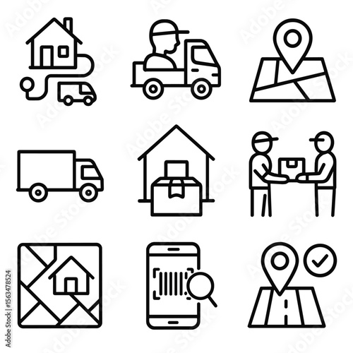 Last-Mile Delivery Icons. Outline style icons of Last-Mile Delivery: home delivery route, driver arriving icon, final stop pin,