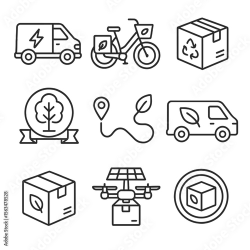 Eco-Friendly Delivery Icons. Outline style icons of Green Delivery: electric delivery van, bike with eco box, reusable packaging,