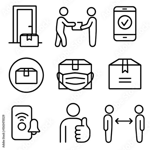 Contactless Delivery Icons. Outline style icons of Contactless Delivery: parcel at door, no-contact handoff, mobile confirmation,