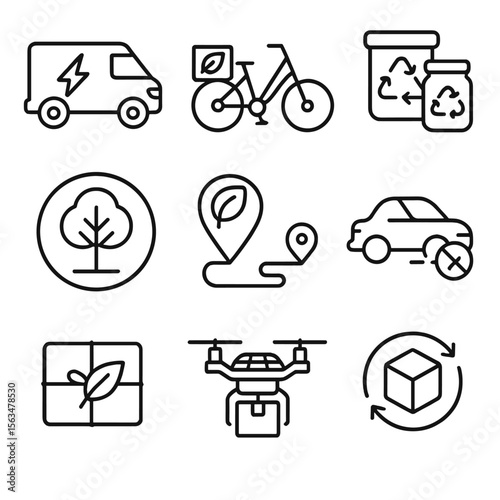 Eco-Friendly Delivery Icons. Outline style icons of Green Delivery: electric delivery van, bike with eco box, reusable packaging,