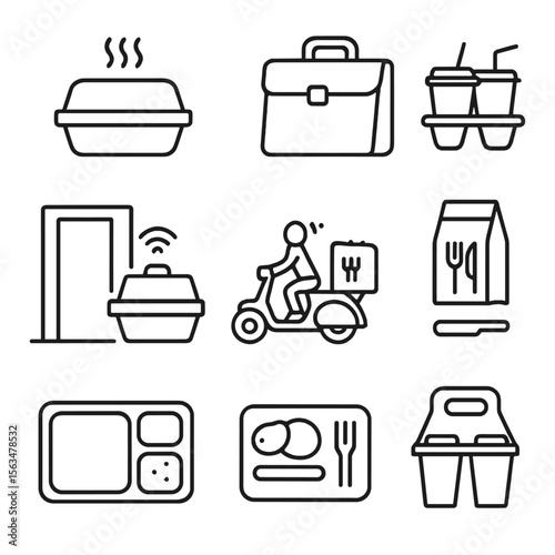 Outline Food Delivery Icons. Outline style icons of Food Delivery: hot food box, thermal bag, drink holder tray, restaurant order