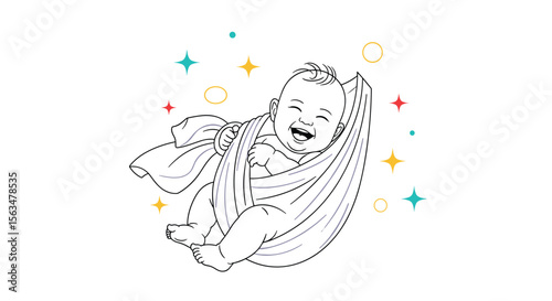 Adorable Baby Swaddled in Fabric Adorned with Twinkling Stars and Circles a Joyful Expression