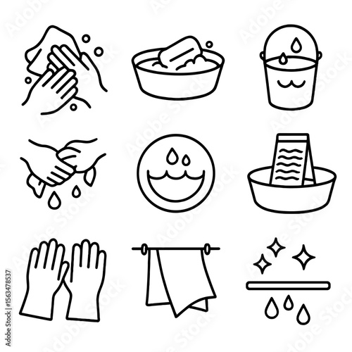 Hand Washing Icons. Outline style icons of Hand Washing: hands washing cloth, soap basin, water bucket, hand wringing, rinse cycle