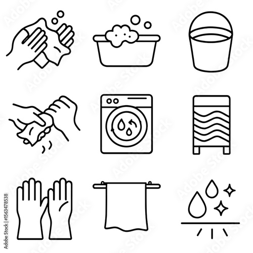 Hand Washing Icons. Outline style icons of Hand Washing: hands washing cloth, soap basin, water bucket, hand wringing, rinse cycle