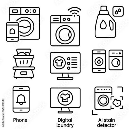 Smart Laundry Icons. Outline style icons of Smart Laundry: app-controlled washer, Wi-Fi connected dryer, smart detergent dispenser
