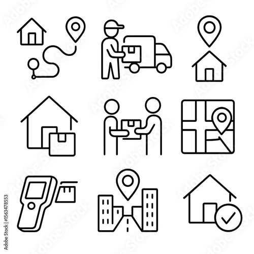 Last-Mile Delivery Icons. Outline style icons of Last-Mile Delivery: home delivery route, driver arriving icon, final stop pin,