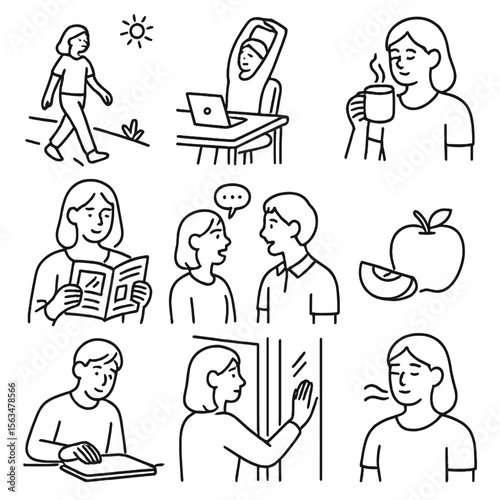 Afternoon Break Icons. Outline style icons of Afternoon Break: walking outdoors, stretching at desk, sipping tea, reading magazine