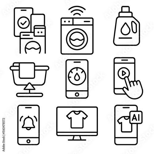 Smart Laundry Icons. Outline style icons of Smart Laundry: app-controlled washer, Wi-Fi connected dryer, smart detergent dispenser