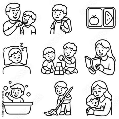 Kids' Daily Routine Icons. Outline style icons of Kids’ Daily Routine: brushing teeth with parent, backpack on child, lunchbox