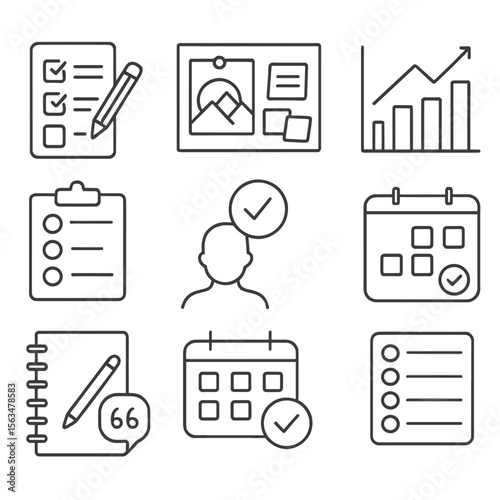 Motivation Icons Set. Outline style icons of Motivation and Goal Setting: checking goals, vision board, progress chart, setting