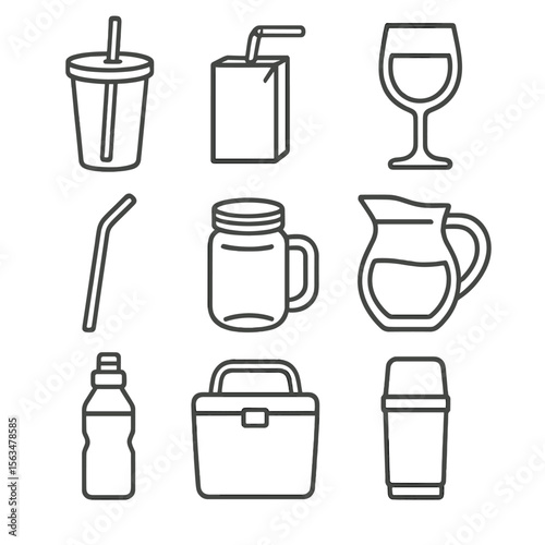 Picnic Drinkware Icons. Outline style icons of Picnic Drinkware: plastic tumbler, juice box, wine glass, reusable straw, mason jar