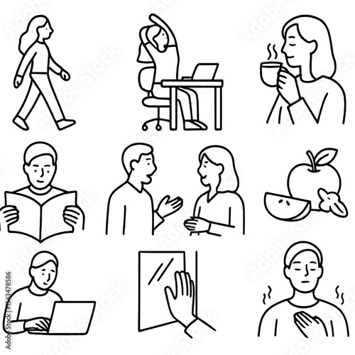 Afternoon Break Icons. Outline style icons of Afternoon Break: walking outdoors, stretching at desk, sipping tea, reading magazine