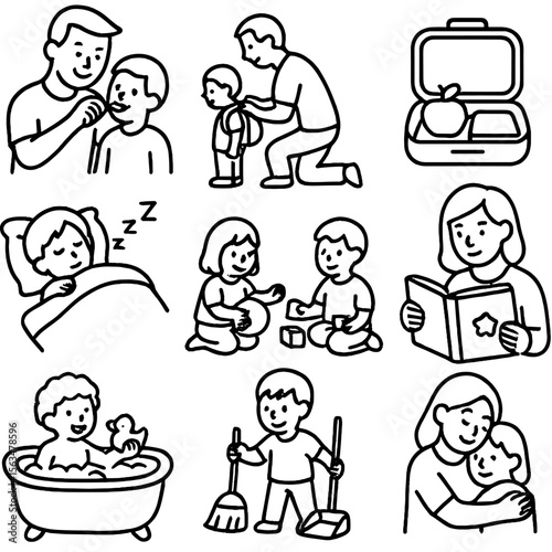 Kids' Daily Routine Icons. Outline style icons of Kids’ Daily Routine: brushing teeth with parent, backpack on child, lunchbox