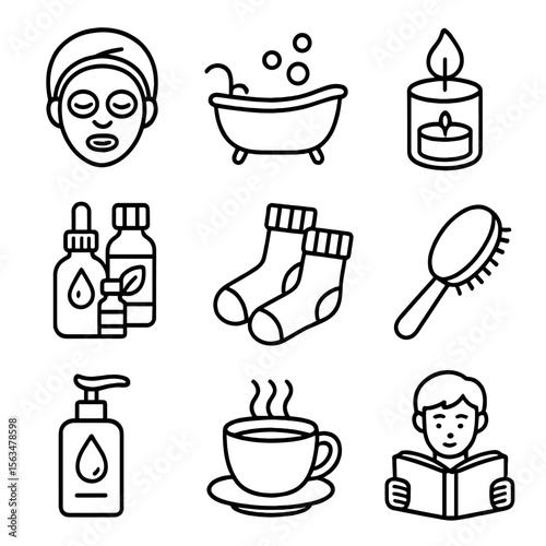 Self-Care Icons. Outline style icons of Self-Care: face mask, bath soak, candle lit, essential oils, cozy socks, hairbrush, skin