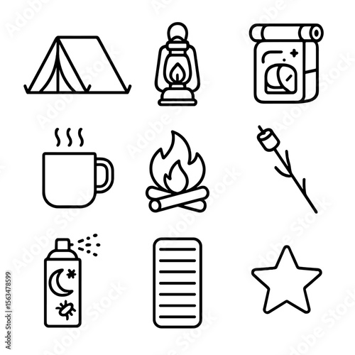 Overnight Camping Icons. Outline style icons of Overnight Picnic or Campout: tent setup, lantern, night food pack, camp mug, fire